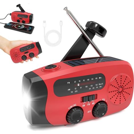 Radio di sopravvivenza portatile a dinamo, radio di emergenza solare con batteria ricaricabile da 2000 mAh, bande FM/AM/WB, ricarica USB per telefono, radio a batteria per campeggio e uso esterno (ros