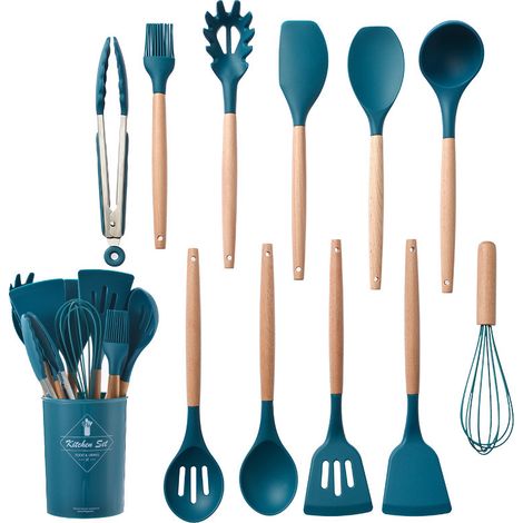 Ustensiles de cuisine en silicone en bois, 12 pièces d'accessoires de cuisine, sans bisphénol A, adhésif résistant aux rayures et à la chaleur, pour cuillères / spatules / cuillères à pâtes, encre ble