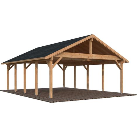 Carport en bois traité marron 40,6 m² – Poteaux lamellé-collé 120x120mm – Hauteur 363cm – Pour 2 voitures – Toiture double pente 53,2 m² – Palmako (1/3)