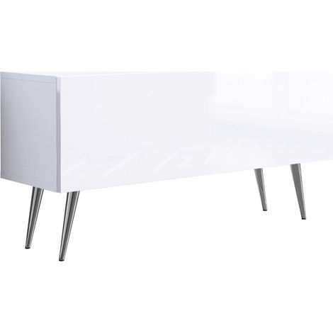 Meuble TV, Blanc Mat / Blanc Brillant, pieds Chrome, 100 × 52 × 32 cm (1/5)