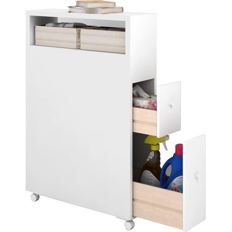 COSTWAY Mueble Estrecho de Baño con Ruedas, Carro de Baño, Cajones Hondos y Extraíbles, Cestas de Mimbre y Porta Escobilla, Armario para Baño, 50 x 16 x 72,3 cm (1/5)