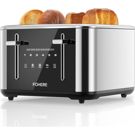 Grille-pain 4 tranches inoxydable, 1600W, écran tactile 6 niveaux, FOHERE