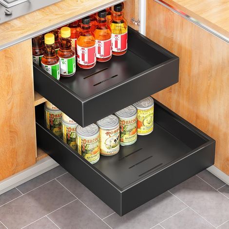 Teleskop-Küchenschublade für Küchenschränke, ausziehbar (43 cm Tiefe x 25 cm Breite x 9 cm Höhe), kein Bohren oder Nageln erforderlich, Schwarz, 25 cm Breite x 43 cm Höhe (1/5)