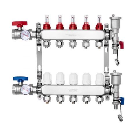 5-Zweig-Wärmeverteilungsverteiler, 1/2-Zoll-PEX-Rohrverteiler, Edelstahl-PEX-Verteiler für hydronische Fußbodenheizung, Wärmeverteilungs-PEX-Verteilersatz mit 1/2-Zoll-Adaptern im Lieferumfang enthalt (1/5)