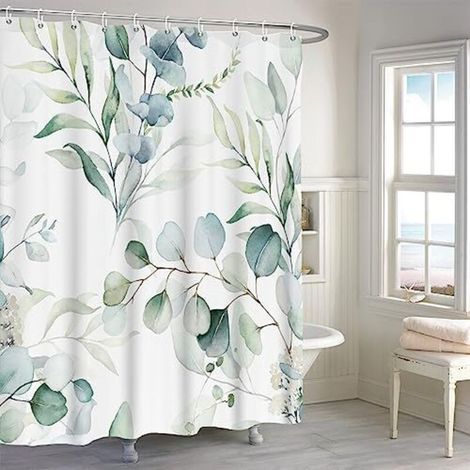 Shower curtain with green leaf pattern, including 12 hooks, durable fabric, machine washable, 180 x 180 cm