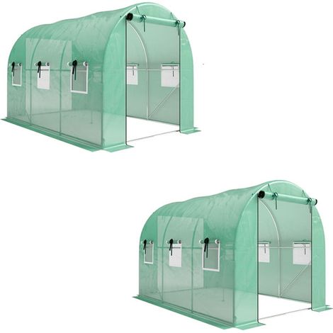 2er-Set gewächshaus 3 x 2 x 2 m Foliengewächshaus mit Rollbar 2 Reißverschlusstür & 6 Netzfenster Stützstangen Grün