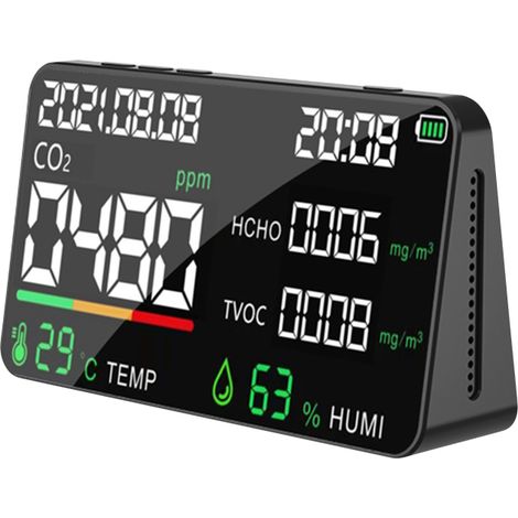 Moniteur de qualité de l'air 1 en 1 : Testeur numérique LED de CO2, HCHO, TVOC, température et humidité, rechargeable par USB, NDIR, pour intérieur, idéal pour les pièces, les bureaux, les serres et l (1/5)