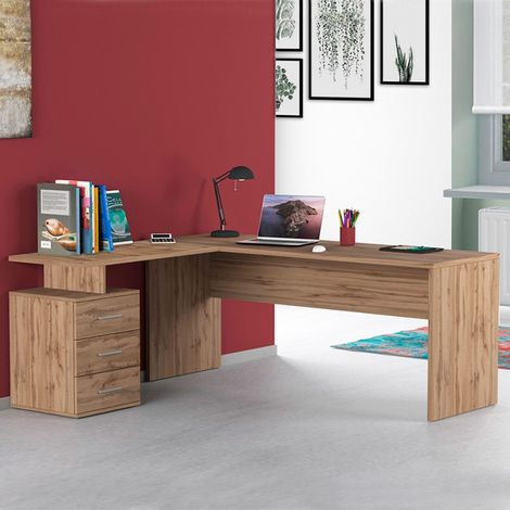 Bureau d'angle en bois massif certifié FSC 180x60cm – 3 tiroirs pratiques – Design moderne pour espace de travail optimisé – Office24 (1/5)