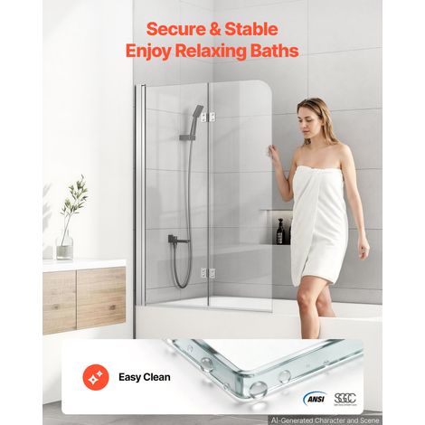 Pare Baignoire Pliant 1200x1400 mm Paroi de Douche à 2 Volets Argent, Verre Trempé 6 mm, Traitement Nano Facile à Nettoyer, Pliage… (1/5)