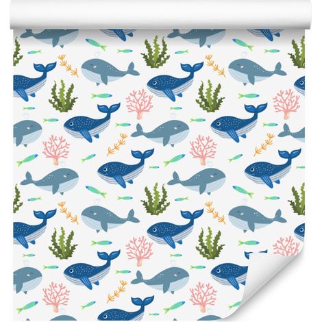 Papier peint baleines blanc et bleu pour salon et chambre 50x1000 cm (1/5)