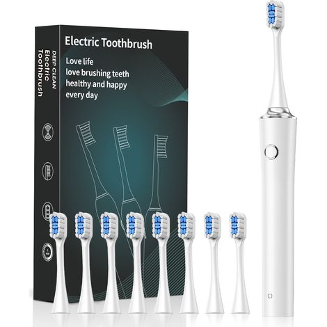 Brosse à dents électrique - 5 modes et 8 têtes de brosse, nettoyage en profondeur (blanche)-AquaForge