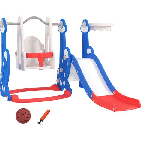 Scivolo per Bambini 4 in 1 con Altalena Scaletta da Arrampicata e Canestro 147,5x160x107 cm in PP e PE Blu scuro (1/5)