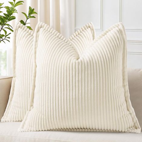BEBUSINGOTO Set aus 2 dekorativen Kissenbezügen aus cremefarbenem und weißem Cord, 45 x 45 cm, im Bohème-Stil, gestreift, neutral, Landhausstil, mit Bordüre (1/5)