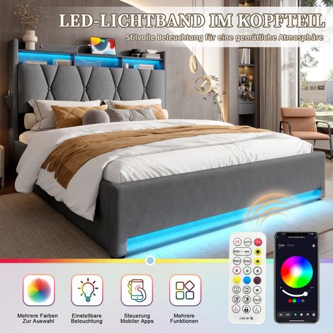 Cadre lit capitonné 160x200 avec LED, USB Type-C et rangement sous lit, tête coffre, cadre coffre hydraulique, gris, sans matelas (1/5)