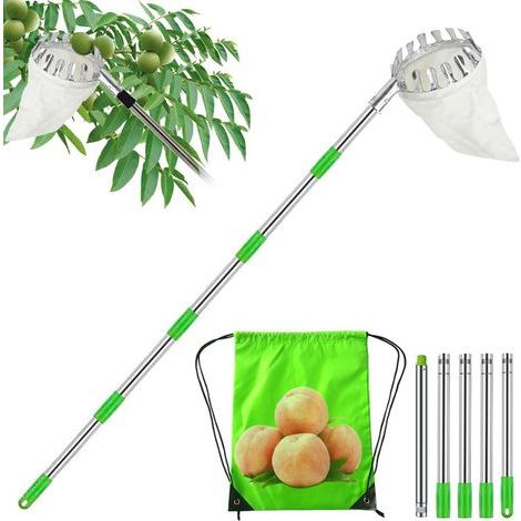 Cueilleur de fruits télescopique 2.4m – Tête Ø16cm – Acier inoxydable léger – Sac de ramassage intégré – Pour pommes, pêches, poires (1/5)