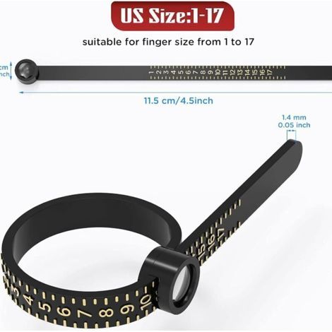 pair 2pcs outils mesure pour bagues, règle mesure réutilisable avec loupe, mesureur de bagues US 1-17 Noir pour homme, blanc pour femme