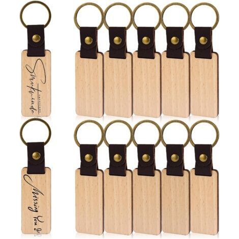 Lot de 12 Porte-Clés en Bois Naturel Vierge 12 Pièces avec Bande de Cuir pour Bricolage, Graver et Peindre - Artisanat Cadeau (1/5)