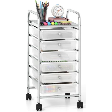 COSTWAY Chariot de Rangement à Roulettes 6 Tiroirs en PP, 2 Freins (Blanc) (1/5)