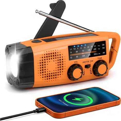 Radio Dynamo Survie, GEMMAC AM/FM/SW Radio Portable avec 2000mAh Power Bank/SOS Alarm/Lampe Poch, Chargeur de Téléphone Solaire Radio pour Chantier, Camping, Urgence, Kit de Survie(Orange) (1/5)