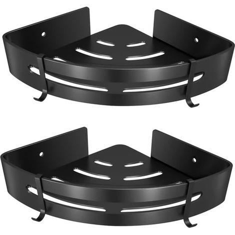 Étagère de douche en lot de 2, organisateur de douche en acier inoxydable 304 avec crochets, sans perçage (étagère d'angle, noir mat) (1/5)