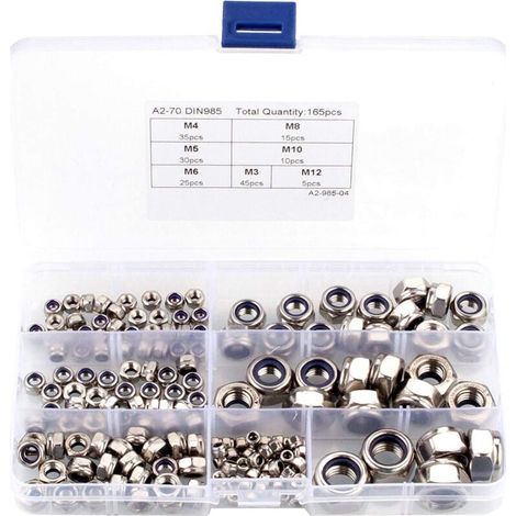 165Pcs Nylon Écrou de Blocage Assortiment Kit, Ecrous Hexagonal Verrouillage en 304 Acier Inox avec Coffret de Rangement Plastique (Écrous Nylstop: M3 M4 M5 M6 M8 M10 M12) (1/5)