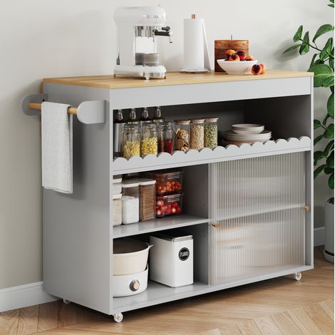 Îlot de cuisine roulant pliable 122x46(69)x91 cm, MDF gris, portes en verre trempé (1/5)