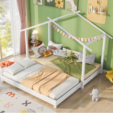 Letto a casetta bambini 90x190 cm trasformabile in letto 180x190 cm con rete a doghe, struttura in legno, bianco, senza materasso (1/5)