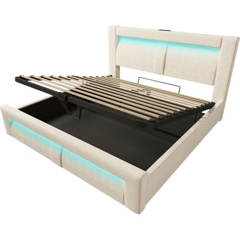 Lit double 160x200 cm avec rangement, LED, USB et USB-C, velours beige, matelas inclus (1/5)