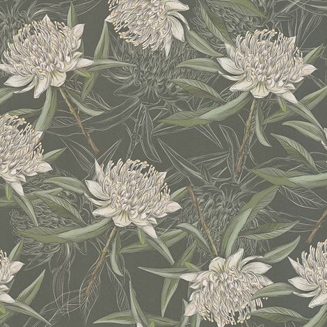 Papel pintado floral Profhome 394321 papel pintado vinílico estampado en caliente tejido non tejido ligeramente texturado con ornamentos florales mate negro verde verde oscuro blanco 5,33 m2