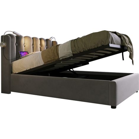 Polsterbett Einzelbett, USB, Leselicht und Stauraum 90 x 200 cm, mit Matratze, Samt Grau (1/5)