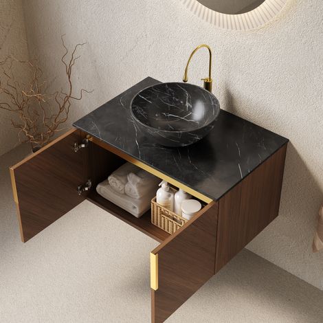 Mueble de baño con lavabo suspendido 76 cm moderno roble marrón, 2 puertas soft-close, encimera negra y lavabo cerámico (1/5)