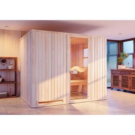 FinnTherm Innensauna Ergo Klassik Innensauna 3 Sitzbänke aus Holz , Saunakabine mit 40 mm Wandstärke, Dampfsauna mit Montagematerial (1/5)