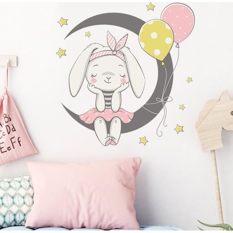 Dessin animé lune lapin Stickers muraux enfants filles chambre décor à la maison papier peint chambre autocollant (1/4)