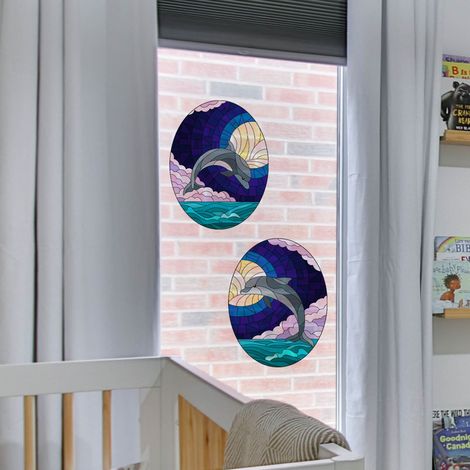 Sticker Vitrail Dauphins Mer 67x23cm - Déco Vitre Electrostatique pour Fenêtre, Porte, Verre, Miroir, etc. (1/2)
