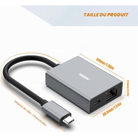 USB C vers RJ45 Ethernet Adapter, USB C vers RJ45 Gigabit Ethernet pour Digital TVs, Mobile Phones, Computers, Tablet PCs (1/4)