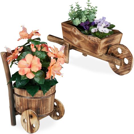 Relaxdays – Brouette à plantes en bois brûlé – Lot de 2 – Dimensions H 19 x L 45 x P 16 cm – Décoration vintage pour jardin et balcon (1/5)