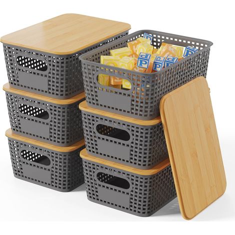 Lot de 6 boîtes rangement avec couvercles en bambou, pour salle bain, cuisine étagères, armoires, placards et maison (Gris, lot 6-5 L) - (1/5)