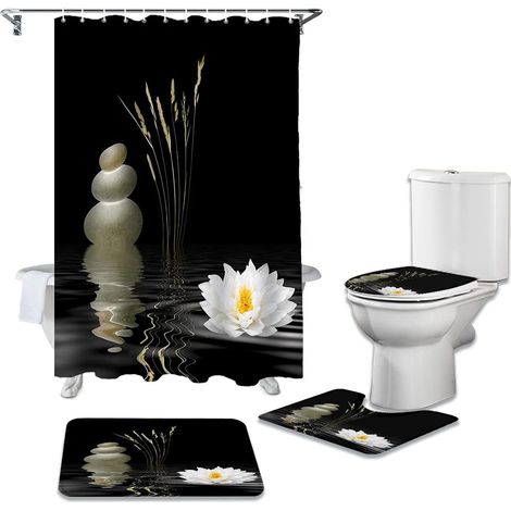 Pieces Shower Curtain Set Zen Stones White Lotus Black Waterproof Shower Curtains Bathroom Curtain Toilet Cover Mat Non-Slip Rug 180x180cm