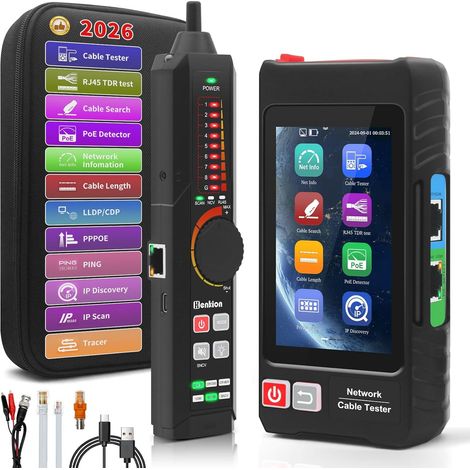 Professional RJ45 Network Cable Tester with 4" IPS Screen, Rechargeable Ethernet Tester, Network Tools, PoE++ Detection, Cable Length Meter, RJ45 TDR Test, NCV, PD Power, FTP (1/5)