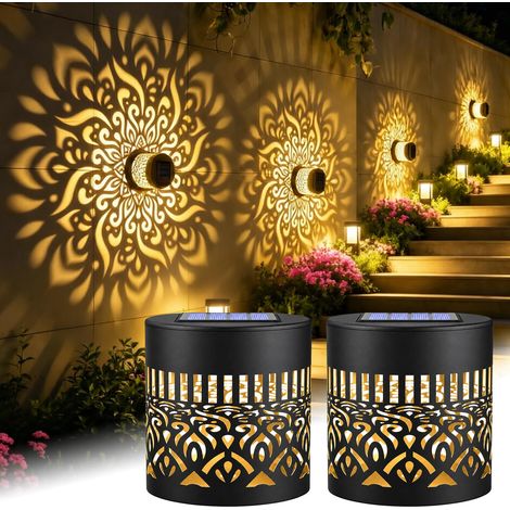 Lot de 2 lampes solaires décoratives Mandala - Applique murale solaire - Lampes solaires d'extérieur - Lanterne LED étanche pour décoration de jardin et terrasse (1/2)