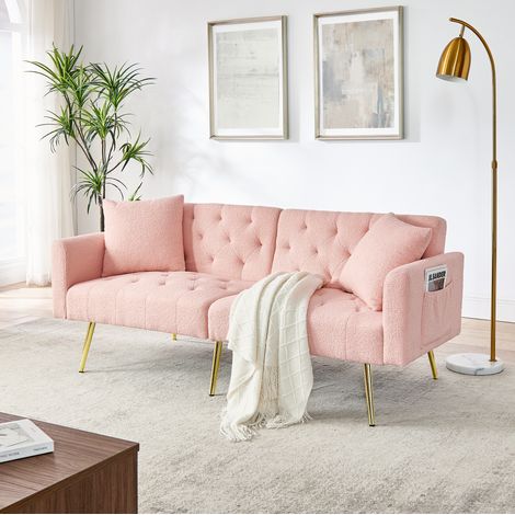 Divano 2 posti rosa in teddy con schienale regolabile a 3 posizioni e gambe in metallo dorato (1/5)