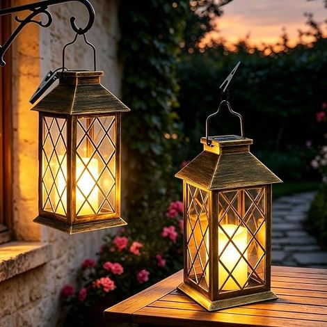 2 x 22 cm Grande lanterne solaire de jardin avec bougie, verre trempé, lampe de table et lampe suspendue étanche, solaire d'extérieur pour balcon et jardin – Noir (1/5)