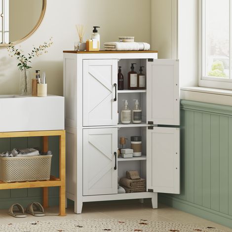 Meuble de salle de bain étroit avec portes de style grange, 4 étagères et supports d'étagères réglables, 60 x 30 x 110 cm, blanc (1/5)