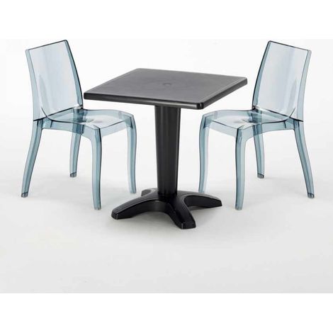 Tavolino Quadrato Nero 70x70 cm con 2 Sedie Colorate Trasparenti Cristal Light Balcony - Trasparente Nero Antracite