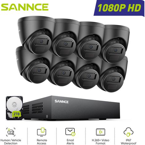 SANNCE 1080P Kit de Videovigilancia Exterior,8 Cámaras Turret 2MP  Visión Nocturna Sistema Cámara de Seguridad Acceso Remoto,2TB (1/5)