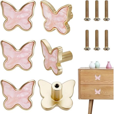 Juego de 6 tiradores para cajones con forma de mariposa - Forma de concha - Para armarios y cajones - Rosa - 2,8 x 3,2 x 2,2 cm (1/5)