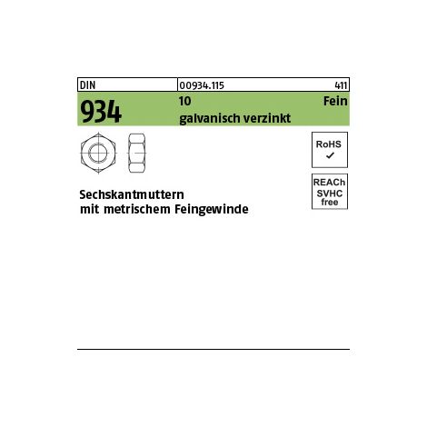 Sechskantmutter DIN 934 M12x 1,5 10 galv.verz. 100 Stück (1/3)