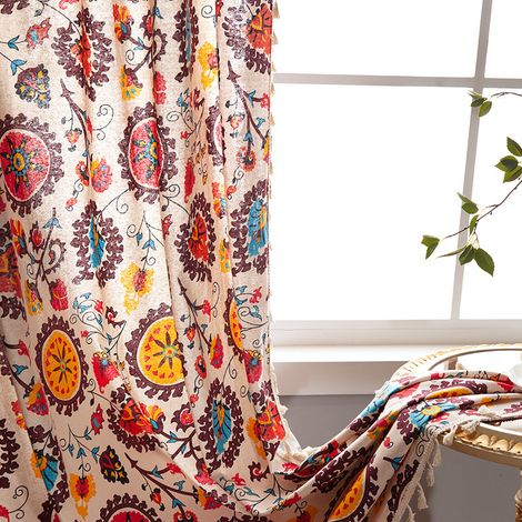 Tenda boho con nappe, pannello decorativo per finestra in cotone e lino semi-oscurante con stampa floreale bohémien, tenda con passanti per asta per soggiorno (1/5)