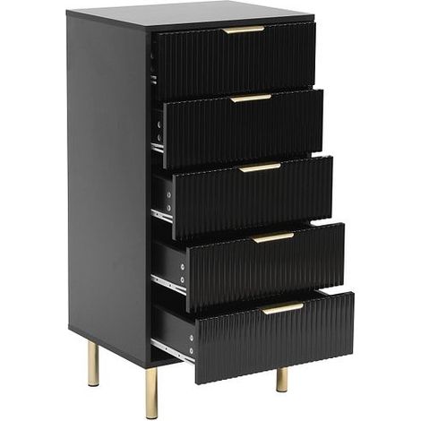 Black Gloss Chest of Drawers, Gold Handles & Legs, 5 Drawer (1/5)