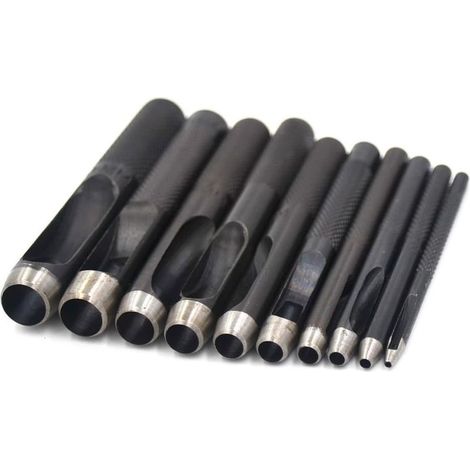 Lot de 10 ciseaux à cuir ronds en acier au carbone, poinçons creux de 1 à 10 mm pour ceintures en cuir et outils de scellage (1/4)
